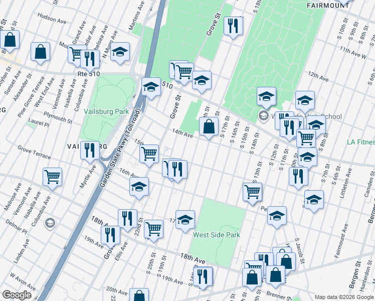map of restaurants, bars, coffee shops, grocery stores, and more near 492 South 19th Street in Newark