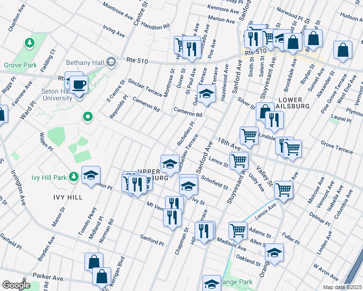 map of restaurants, bars, coffee shops, grocery stores, and more near 175 Richelieu Terrace in Newark
