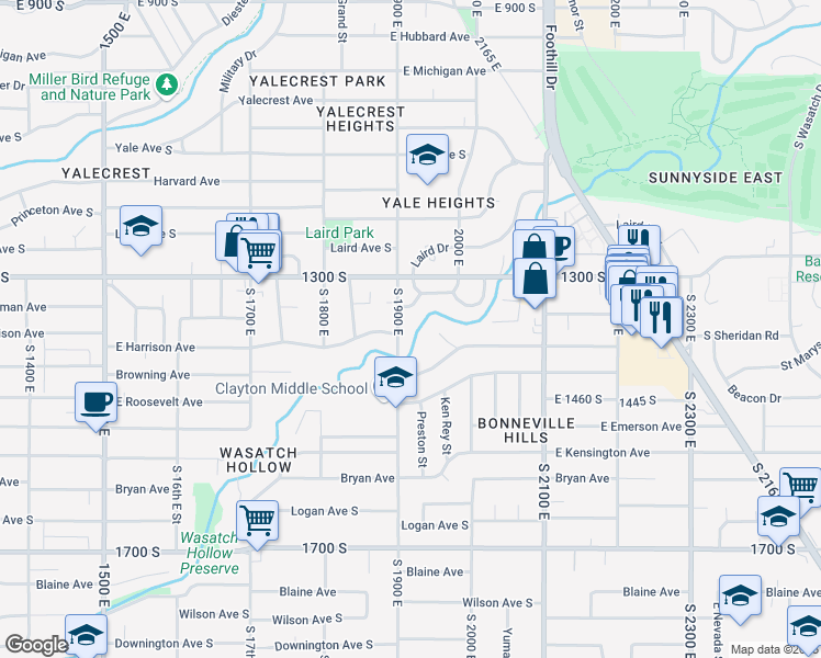 map of restaurants, bars, coffee shops, grocery stores, and more near 1363 South 1900 East in Salt Lake City