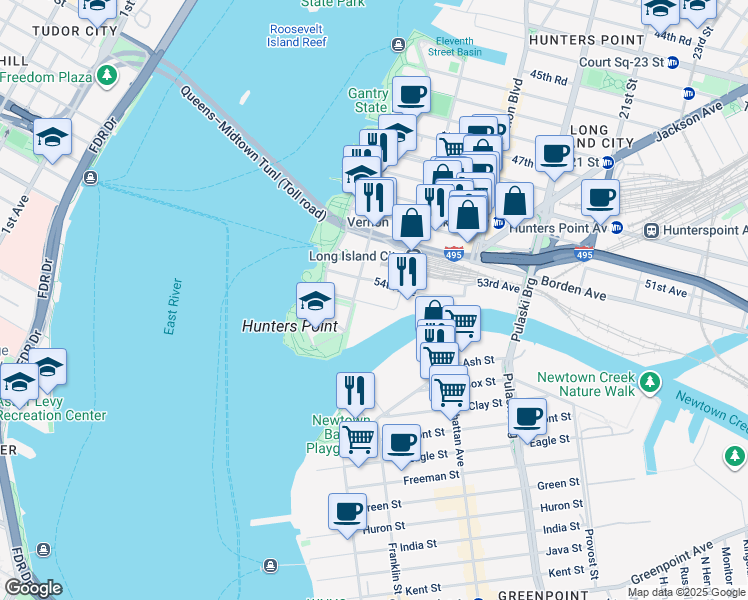 map of restaurants, bars, coffee shops, grocery stores, and more near 2 55th Avenue in Queens