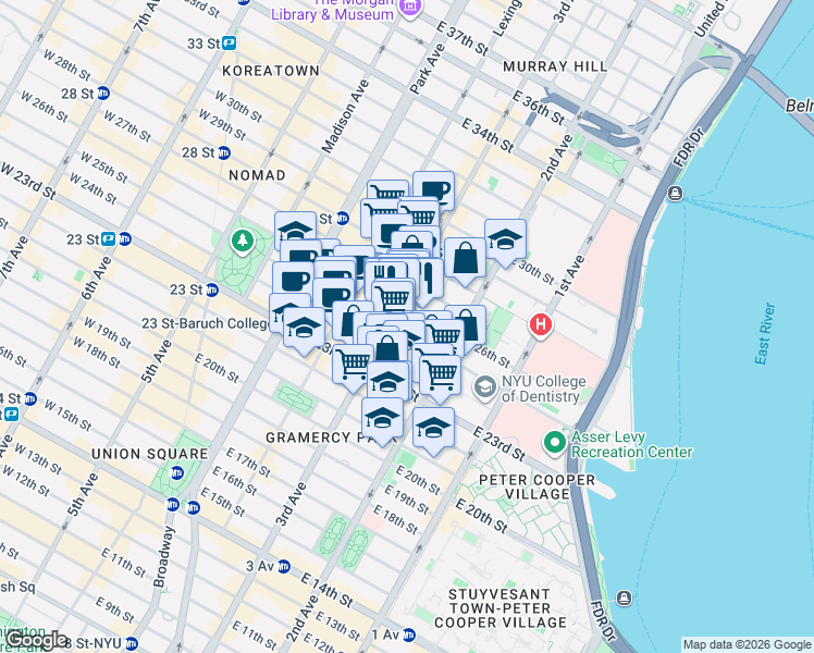 map of restaurants, bars, coffee shops, grocery stores, and more near 209 East 25th Street in New York