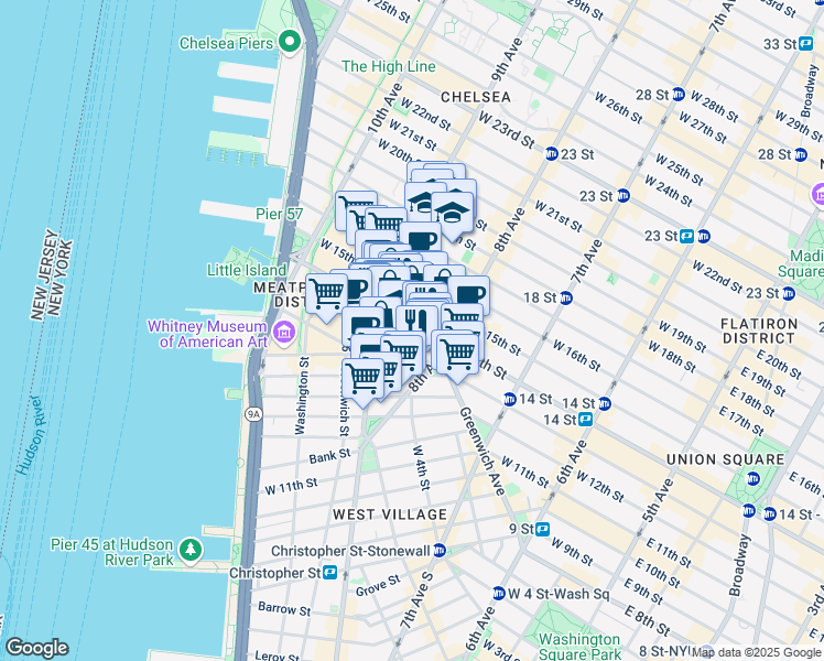 map of restaurants, bars, coffee shops, grocery stores, and more near 324 West 14th Street in New York