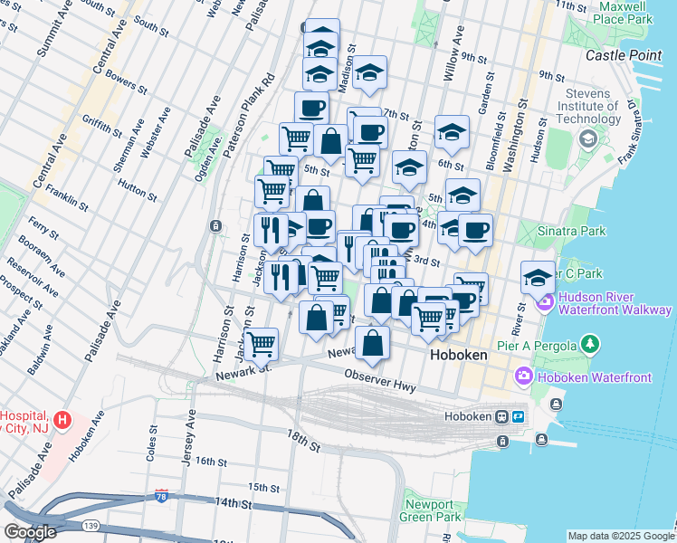 map of restaurants, bars, coffee shops, grocery stores, and more near 450 2nd Street in Hoboken