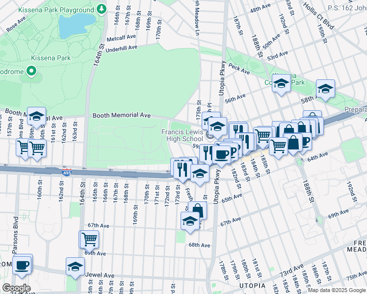 map of restaurants, bars, coffee shops, grocery stores, and more near 59-11 174th Street in Queens