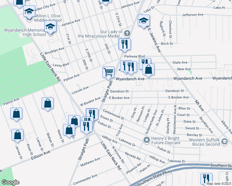map of restaurants, bars, coffee shops, grocery stores, and more near 22 Davidson Street in Wyandanch