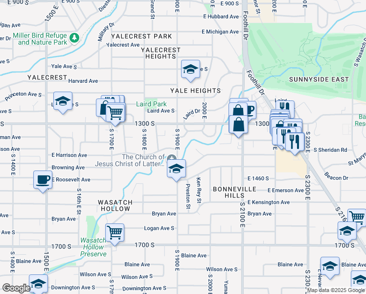 map of restaurants, bars, coffee shops, grocery stores, and more near 1362 Kristie Lane in Salt Lake City