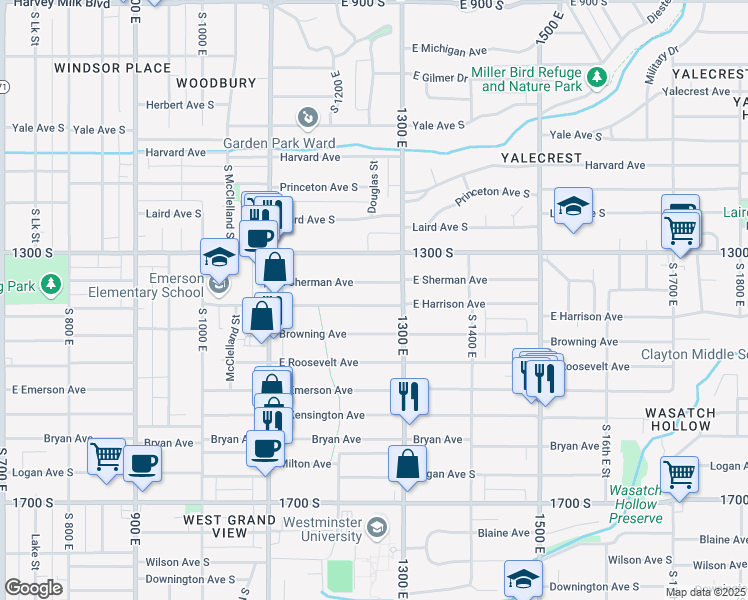 map of restaurants, bars, coffee shops, grocery stores, and more near 1249 Harrison Avenue South in Salt Lake City