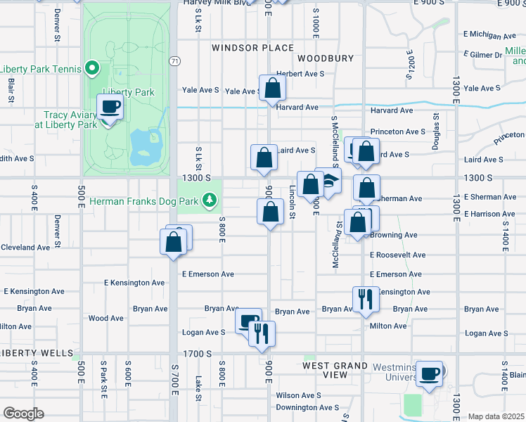 map of restaurants, bars, coffee shops, grocery stores, and more near 1370 900 East in Salt Lake City