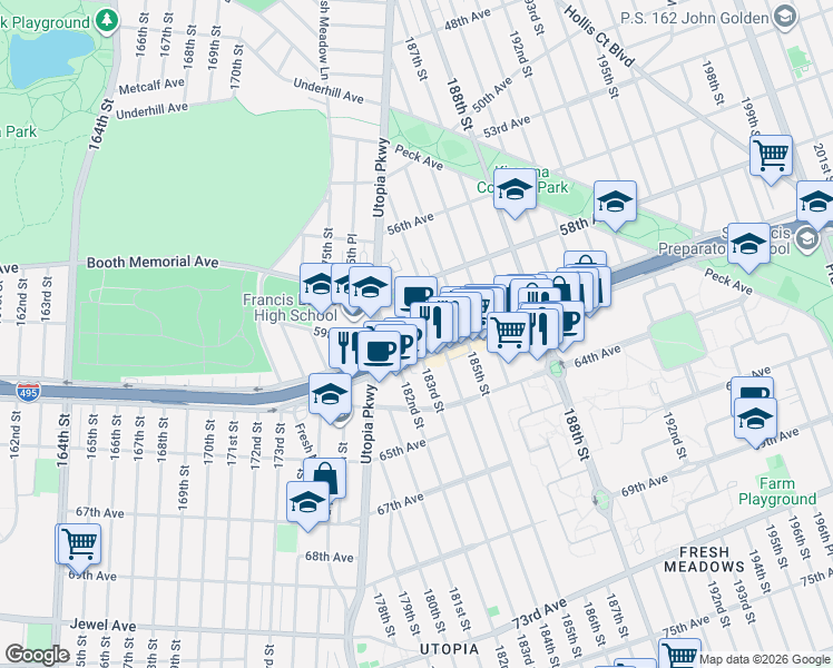 map of restaurants, bars, coffee shops, grocery stores, and more near 18303 Horace Harding Expressway in Queens