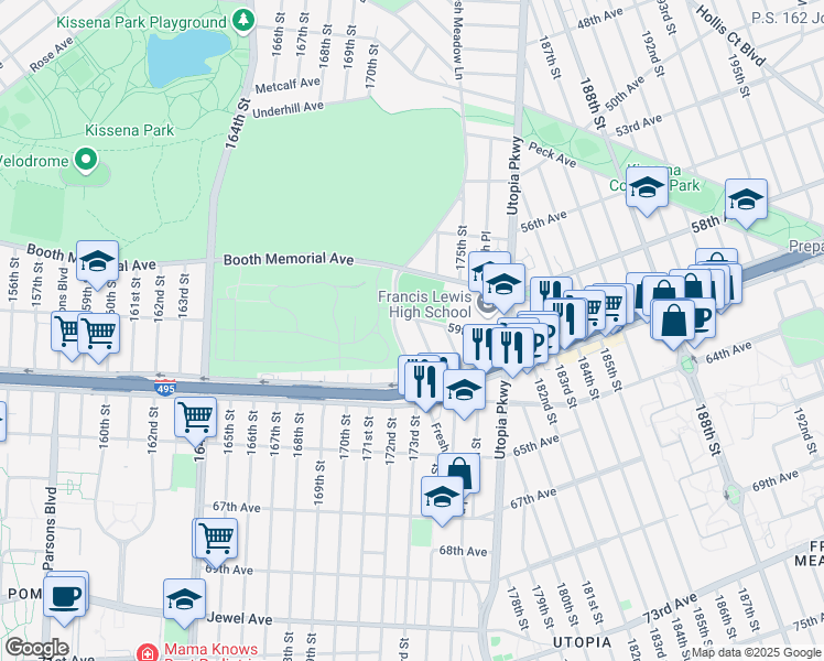 map of restaurants, bars, coffee shops, grocery stores, and more near 59-11 Fresh Meadow Lane in Queens