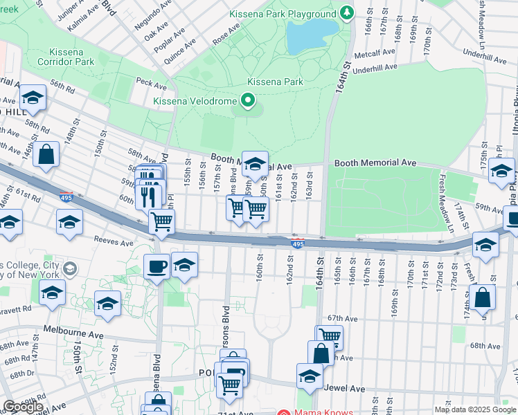 map of restaurants, bars, coffee shops, grocery stores, and more near 59-17 159th Street in Queens