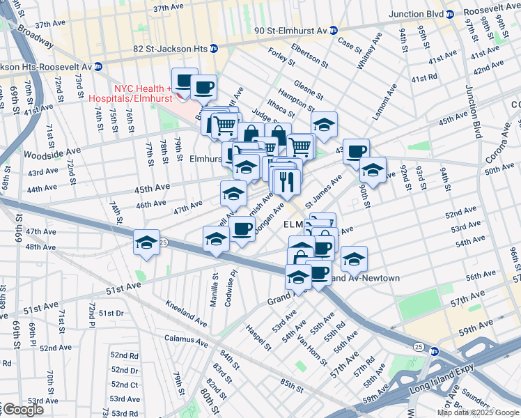 map of restaurants, bars, coffee shops, grocery stores, and more near 83-02 Cornish Avenue in Queens