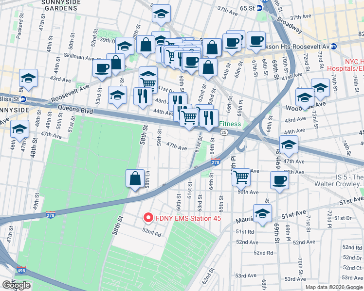 map of restaurants, bars, coffee shops, grocery stores, and more near 47-03 59th Place in Queens