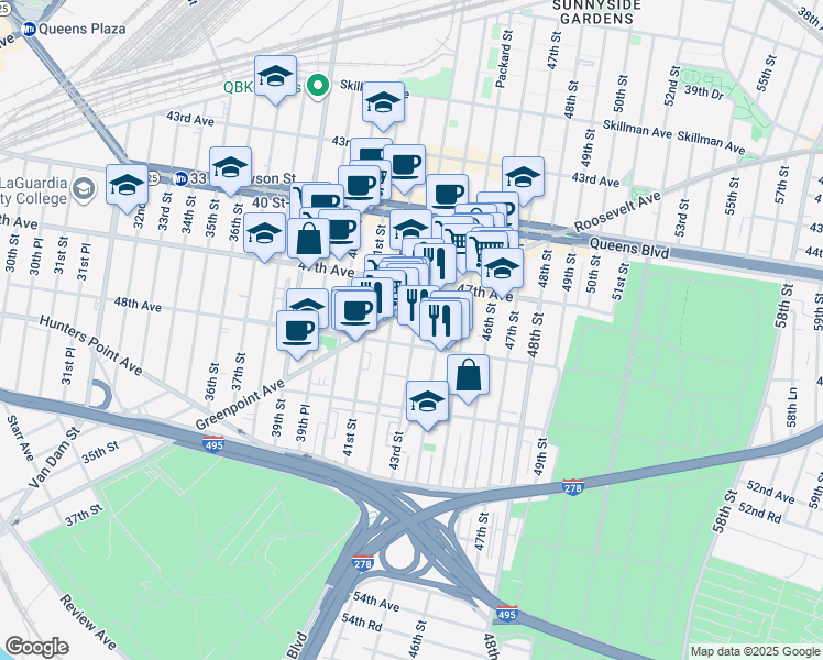 map of restaurants, bars, coffee shops, grocery stores, and more near 42-05 48th Avenue in Queens