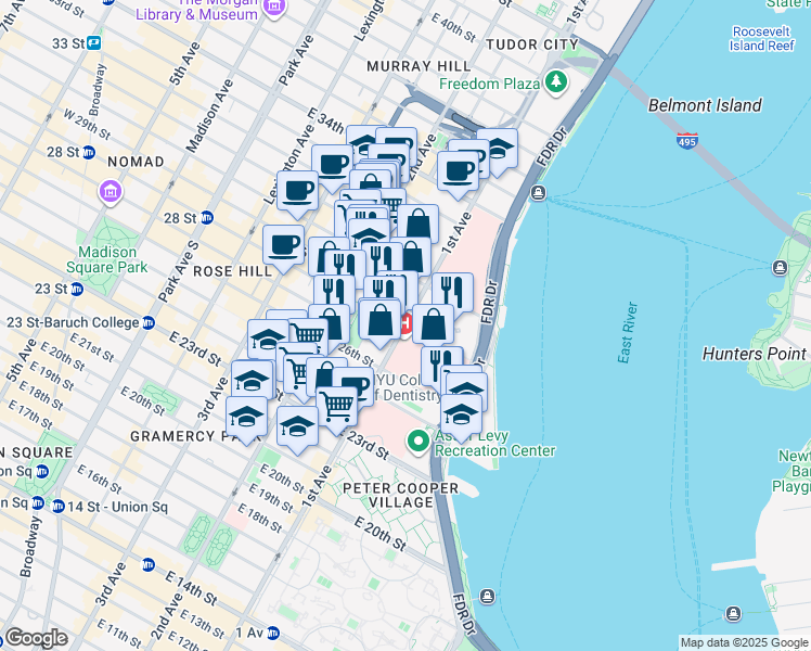 map of restaurants, bars, coffee shops, grocery stores, and more near in New York