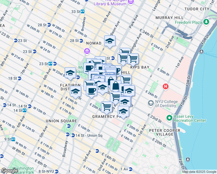 map of restaurants, bars, coffee shops, grocery stores, and more near 18 Lexington Avenue in New York