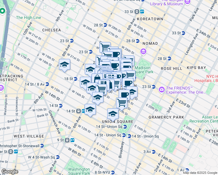 map of restaurants, bars, coffee shops, grocery stores, and more near 636 6th Avenue in New York