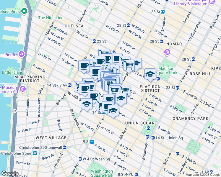 map of restaurants, bars, coffee shops, grocery stores, and more near 133 West 17th Street in New York