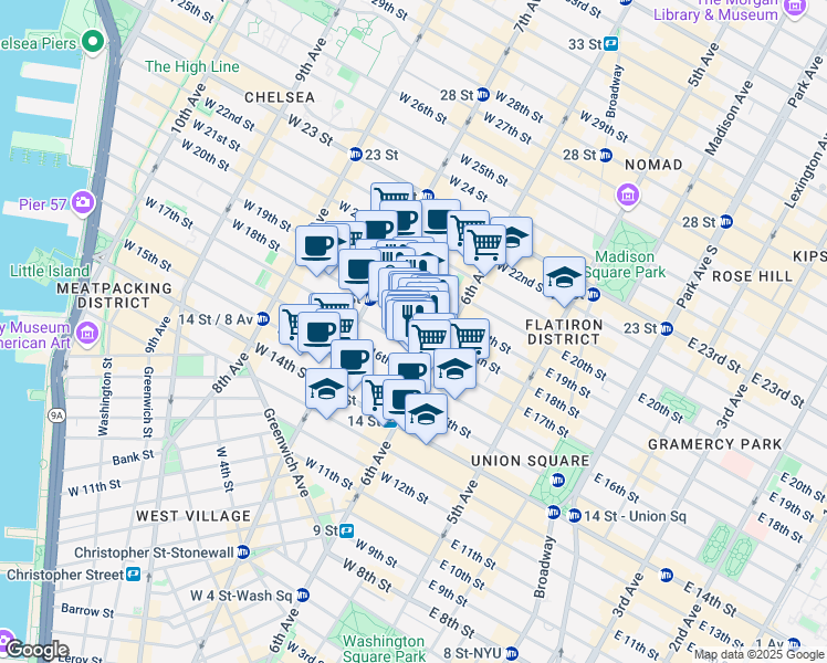 map of restaurants, bars, coffee shops, grocery stores, and more near 133 West 17th Street in New York