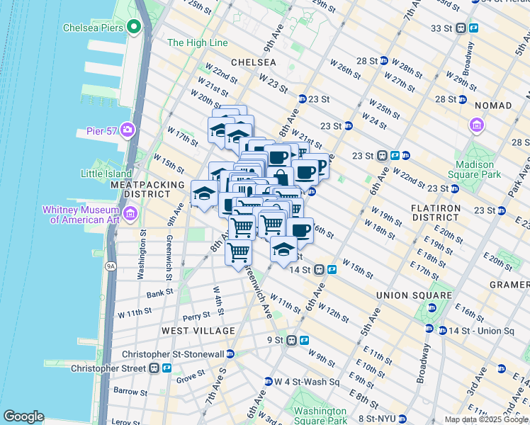 map of restaurants, bars, coffee shops, grocery stores, and more near 228 West 15th Street in New York