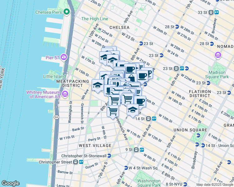 map of restaurants, bars, coffee shops, grocery stores, and more near 228 West 15th Street in New York