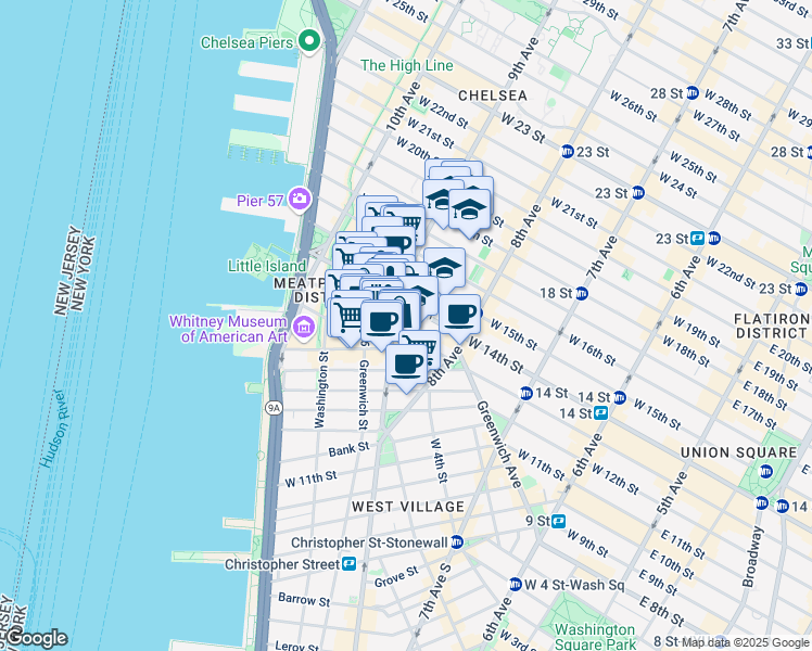 map of restaurants, bars, coffee shops, grocery stores, and more near 18 9th Avenue in New York