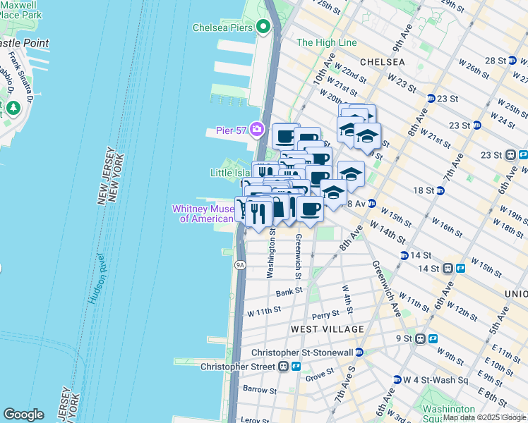 map of restaurants, bars, coffee shops, grocery stores, and more near 832 Washington Street in New York