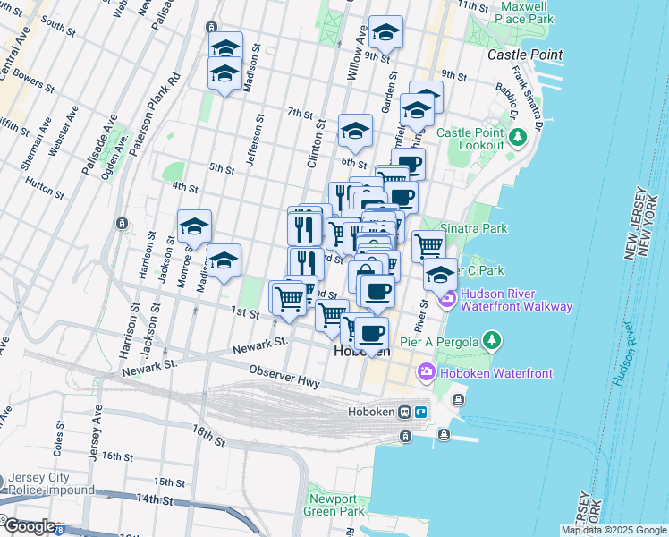 map of restaurants, bars, coffee shops, grocery stores, and more near 223 Park Avenue in Hoboken