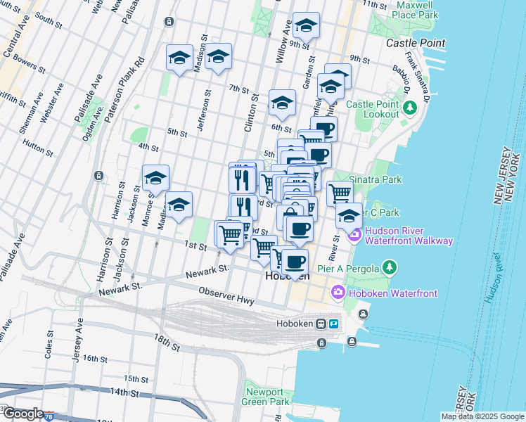 map of restaurants, bars, coffee shops, grocery stores, and more near 223 Park Avenue in Hoboken