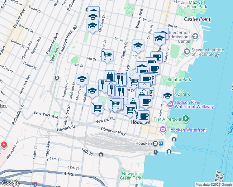 map of restaurants, bars, coffee shops, grocery stores, and more near 309 2nd Street in Hoboken