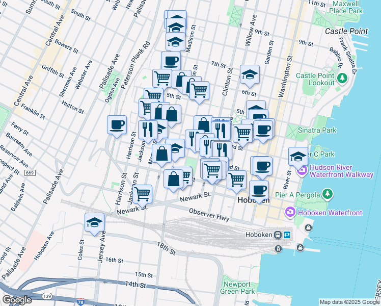 map of restaurants, bars, coffee shops, grocery stores, and more near 450 2nd Street in Hoboken