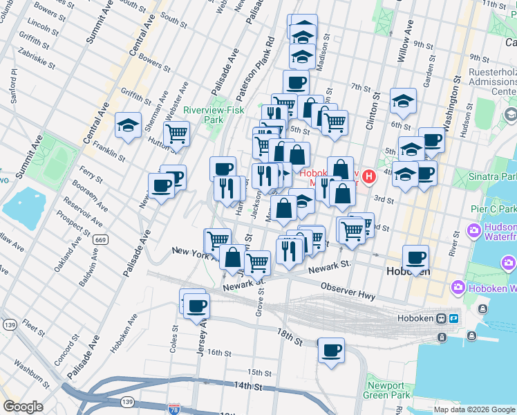 map of restaurants, bars, coffee shops, grocery stores, and more near 126 Monroe Street in Hoboken