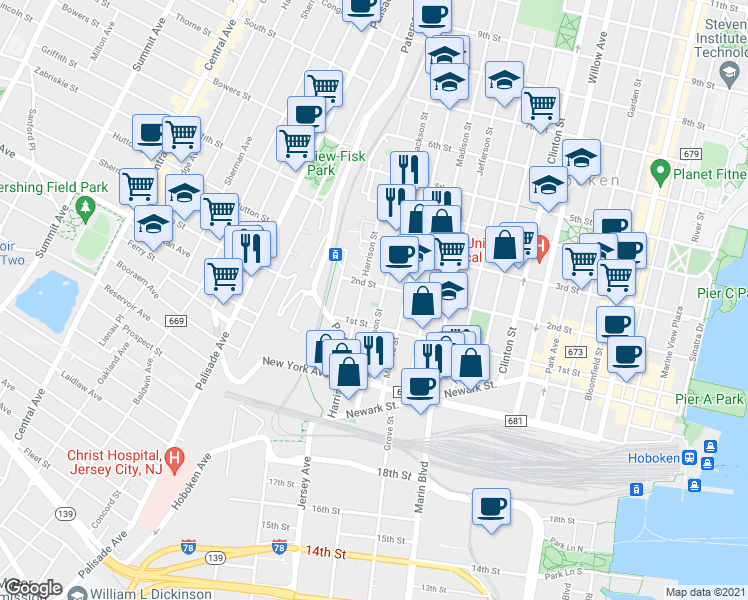 map of restaurants, bars, coffee shops, grocery stores, and more near 117 Harrison Street in Hoboken