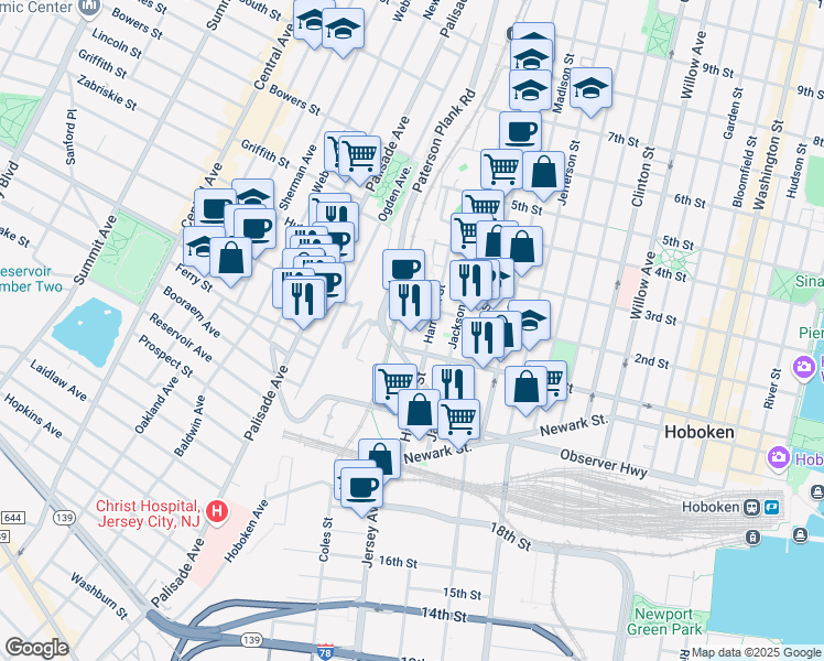 map of restaurants, bars, coffee shops, grocery stores, and more near 102 Marshall Street in Hoboken