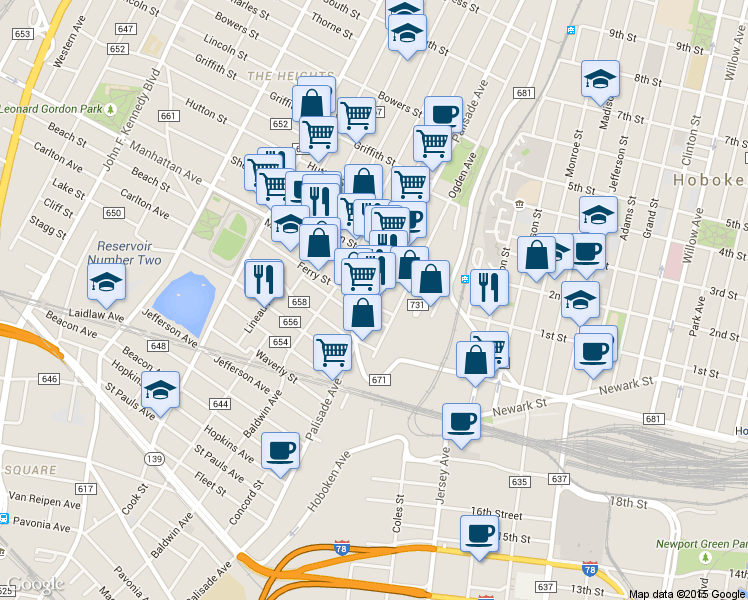 map of restaurants, bars, coffee shops, grocery stores, and more near 325 Palisade Avenue in Jersey City