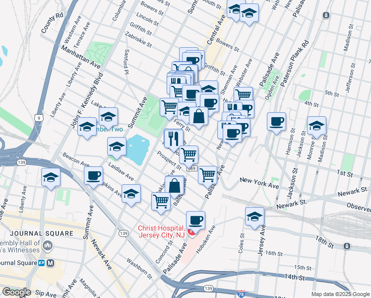 map of restaurants, bars, coffee shops, grocery stores, and more near 91 Booraem Avenue in Jersey City