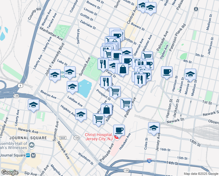 map of restaurants, bars, coffee shops, grocery stores, and more near 91 Booraem Avenue in Jersey City