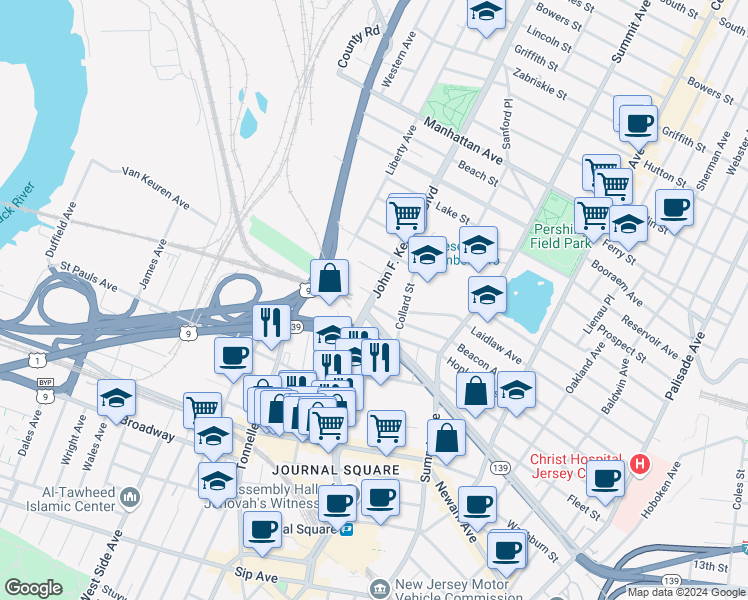 map of restaurants, bars, coffee shops, grocery stores, and more near 3140 John F. Kennedy Boulevard in Jersey City