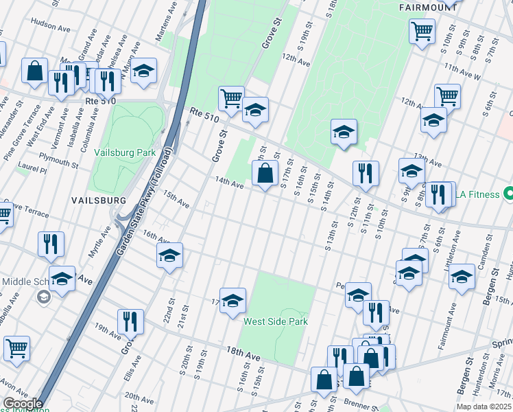 map of restaurants, bars, coffee shops, grocery stores, and more near 492 South 19th Street in Newark
