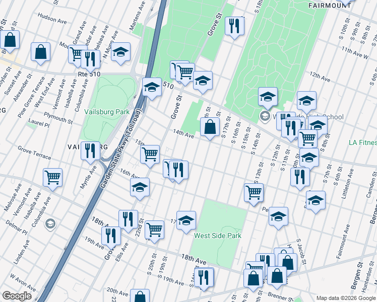 map of restaurants, bars, coffee shops, grocery stores, and more near 492 South 19th Street in Newark