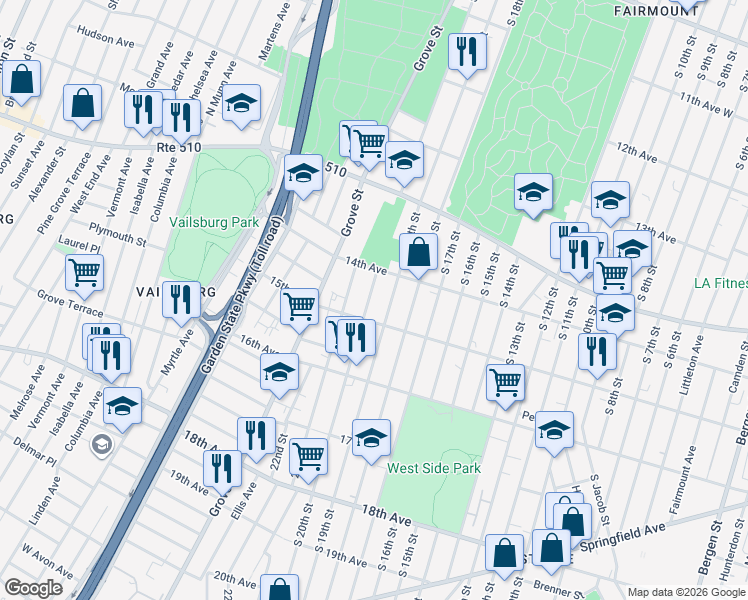 map of restaurants, bars, coffee shops, grocery stores, and more near 495 South 20th Street in Irvington