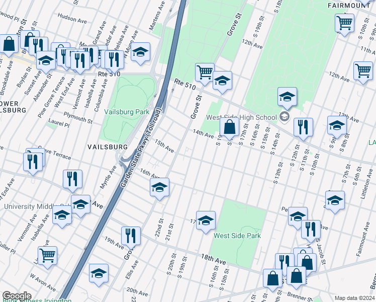map of restaurants, bars, coffee shops, grocery stores, and more near 690 15th Avenue in Irvington