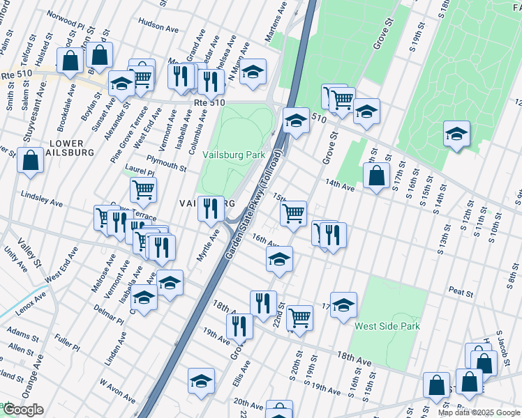 map of restaurants, bars, coffee shops, grocery stores, and more near 126 Eastern Parkway in Irvington