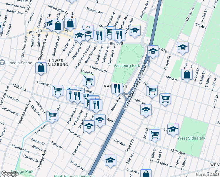 map of restaurants, bars, coffee shops, grocery stores, and more near 153 South Munn Avenue in Newark
