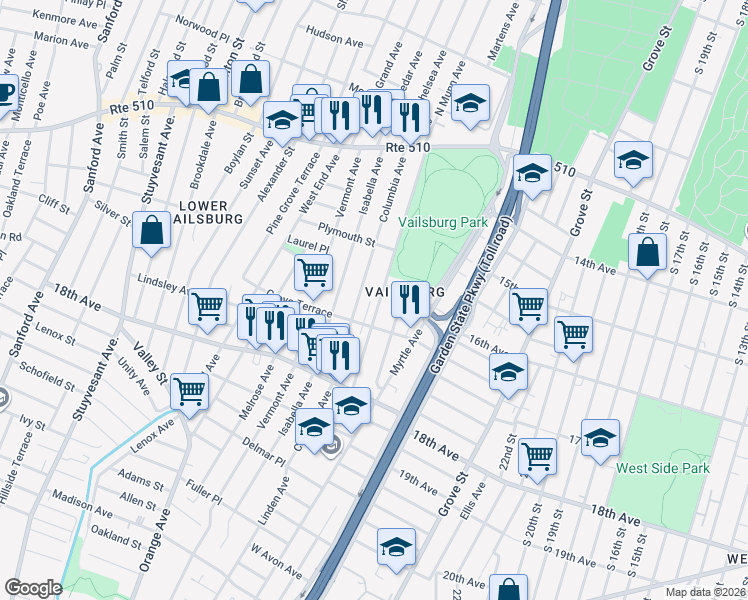map of restaurants, bars, coffee shops, grocery stores, and more near 153 South Munn Avenue in Newark