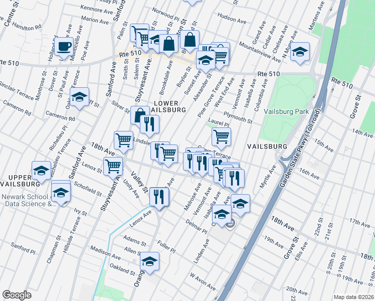 map of restaurants, bars, coffee shops, grocery stores, and more near 169 West End Avenue in Newark