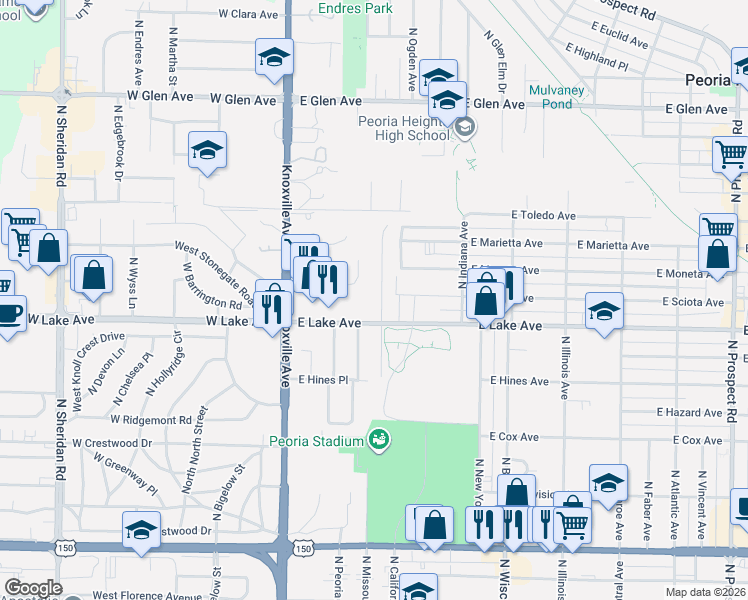 map of restaurants, bars, coffee shops, grocery stores, and more near 4314 North Independence Avenue in Peoria