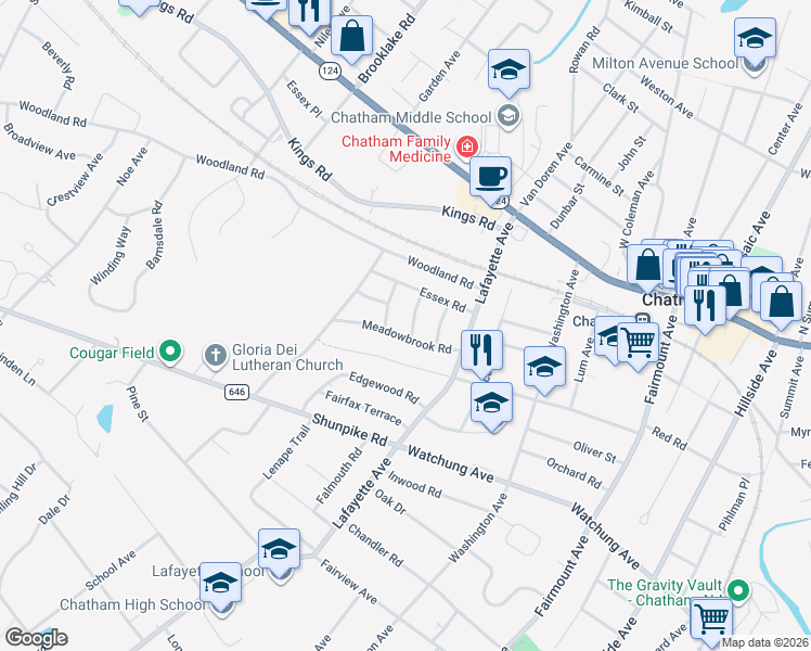 map of restaurants, bars, coffee shops, grocery stores, and more near 16 Mercer Avenue in Chatham
