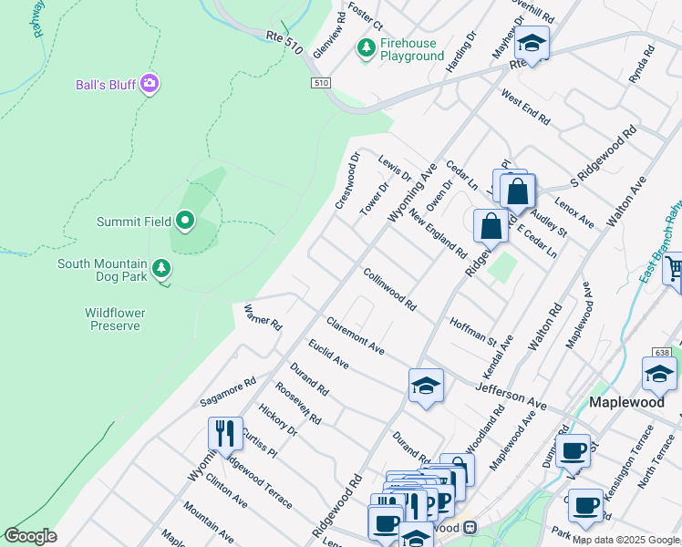 map of restaurants, bars, coffee shops, grocery stores, and more near 193 Wyoming Avenue in Maplewood