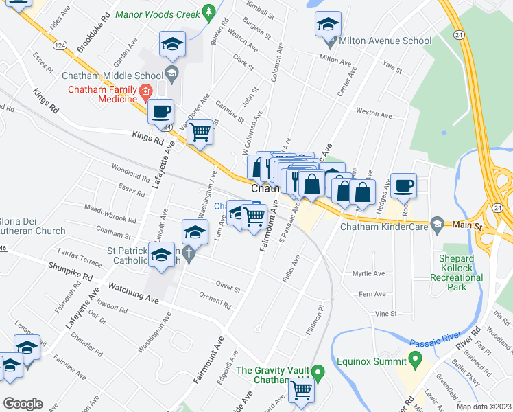 map of restaurants, bars, coffee shops, grocery stores, and more near 42 Fairmount Avenue in Chatham